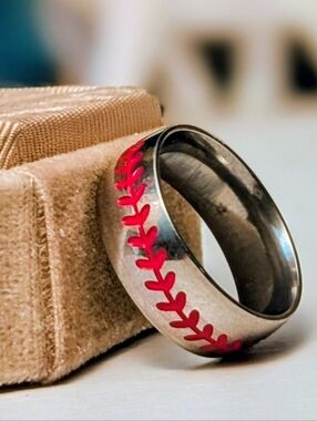 S7 & S10 Domed Silver Stainless Steel Ring with Red Stitching  7, 9.5, 10, 10.5